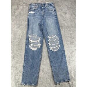 American Eagle Outfitters Baggy Jeans Womens 6 Long Strigid Ripped Blue Straight